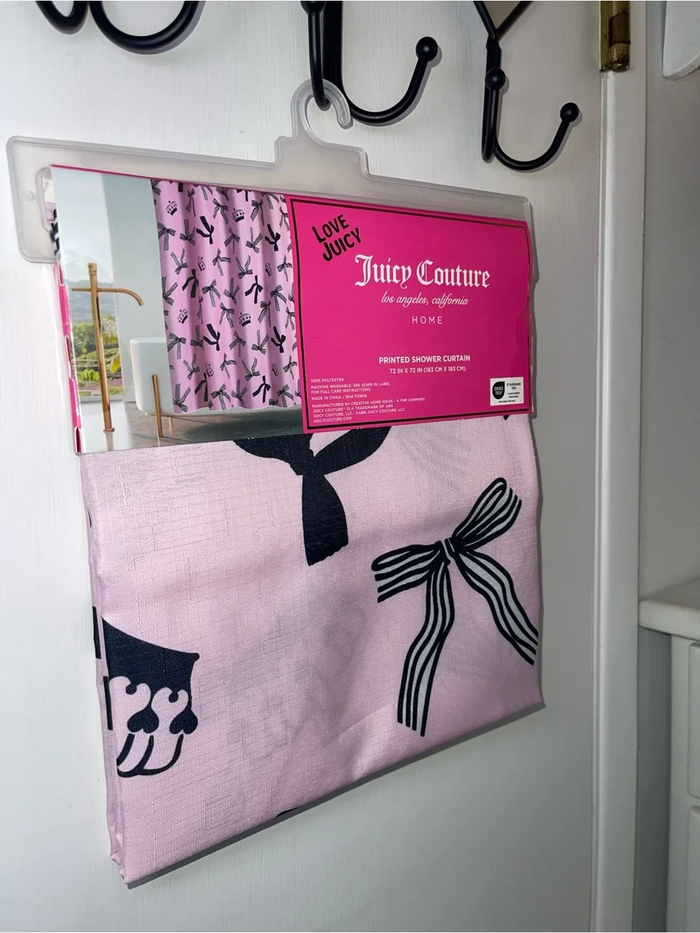 NWT Juicy Couture Pink and Black Bow-Print Shower Curtain